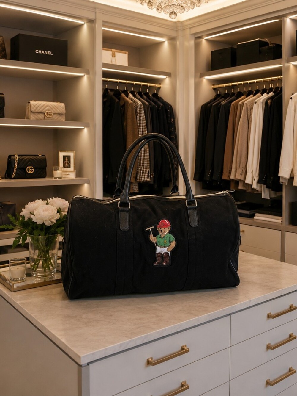 Ralph Lauren Polo Black Canvas Weekender Duffel Travel Bag Polo Bear Large Tote